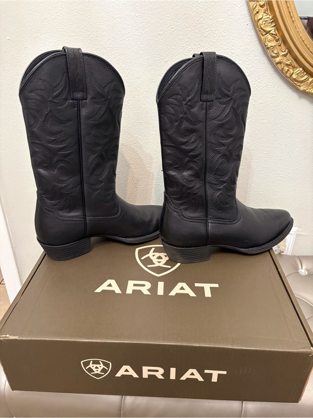 Ariat Black Leather Western Boots with Embossed Shaft
